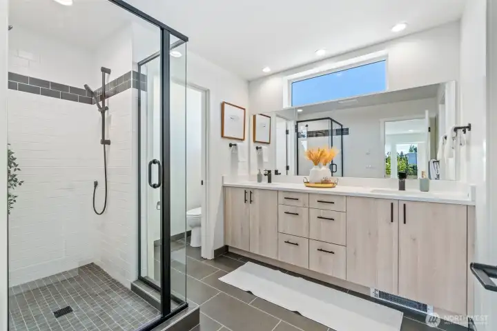 Private Suite Bath with Double Sinks, Big Shower with Stone Floor and Handheld Private Suite Bath with Double Sinks, Big Shower with Stone Floor and Handheld