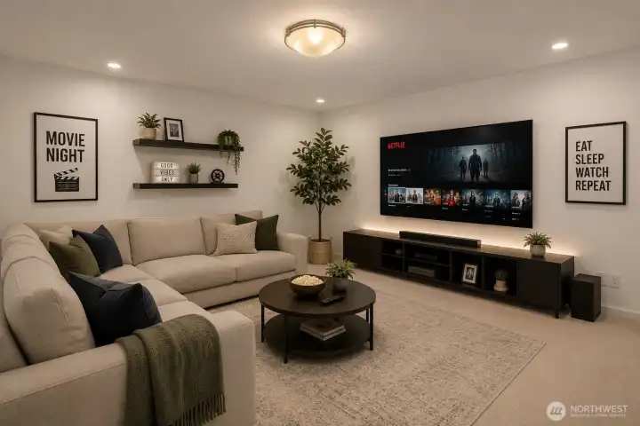 The extra finished room is ideal for a game room or theater space.