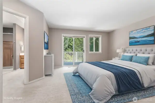 Virtually staged bedroom with walk-in closet and en suite bath, designed for convenience .