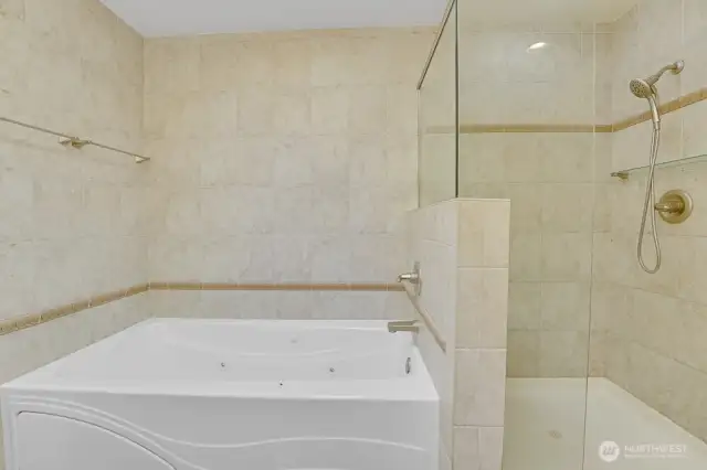 This is the primary en-suite jetted tub and tiled shower.