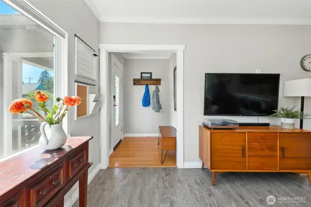 Gracious entryway leads into the light-filled living room