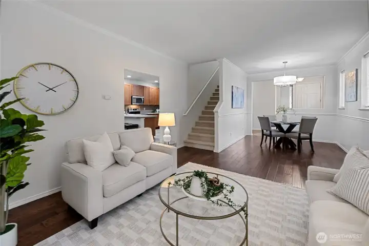 Living room flows seamlessly into the formal dining area or flexible living space