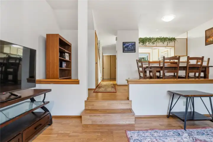 View from living room to dining area and kitchen