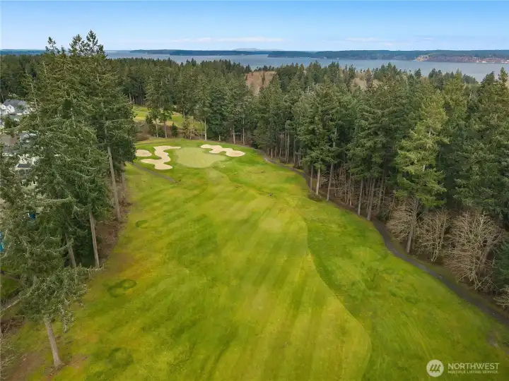 Gorgeous view of the 14th Fairway at The Golf Club at Hawks Prairie with peekaboo view of Hogum Bay.