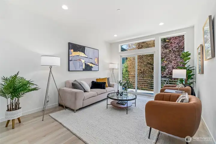 Cozy Living Room with Oversized Sliders to Private Deck Cozy Living Room with Oversized Sliders to Private Deck