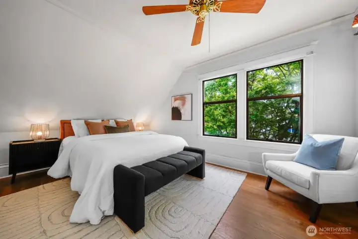 The third bedroom is bright and sunny, featuring a spacious reach-in closet with cedar lining.