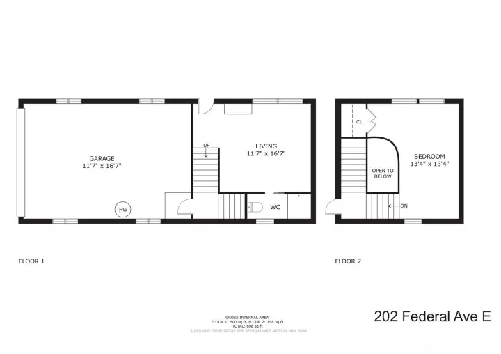 Floor plan of cottage and garage.