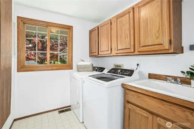 All appliances are included. The laundry room features a a side-by-side washer & dryer, a built-in ironing board, abundant storage and a utiltity sink.