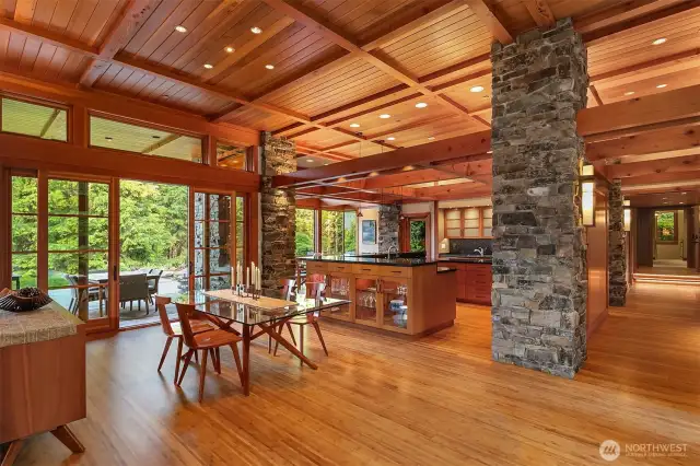 A mixture of stone, glass and wood.