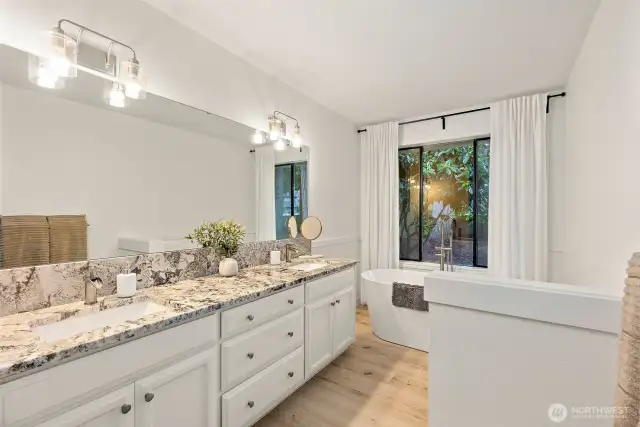 Expansive Vanity w/ Dual Sinks, Large Black Framed Window Offers Lots of Natural Light!
