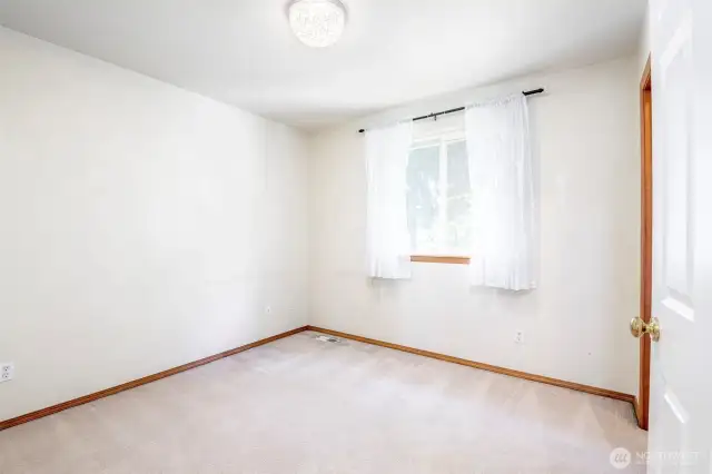 2nd bedroom with beautiful light fixture and walk-in closet, back corner of house