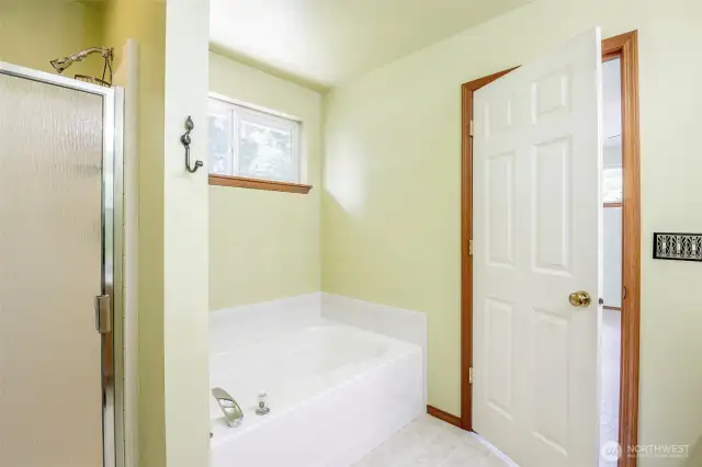 Primary bath with soaking tub and walk-in shower