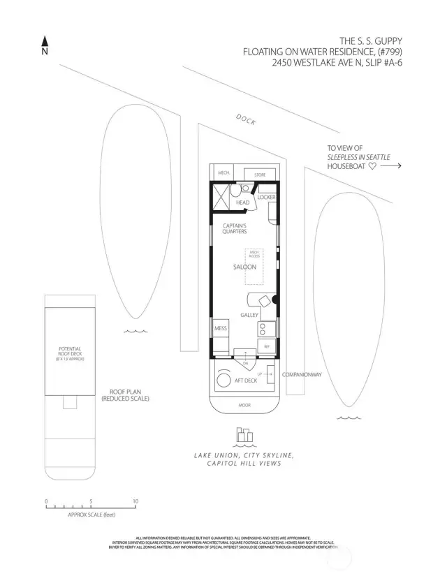 Detailed floorplan shows the S.S. Guppy’s thoughtful layout — from aft deck to saloon, galley, mess, captain’s quarters, and head — plus potential roof deck for future enjoyment.