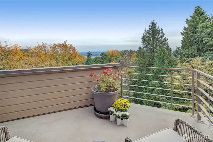 Primary suite view deck among the tree tops looking east towards Lake Washington and Cascade Mountains.