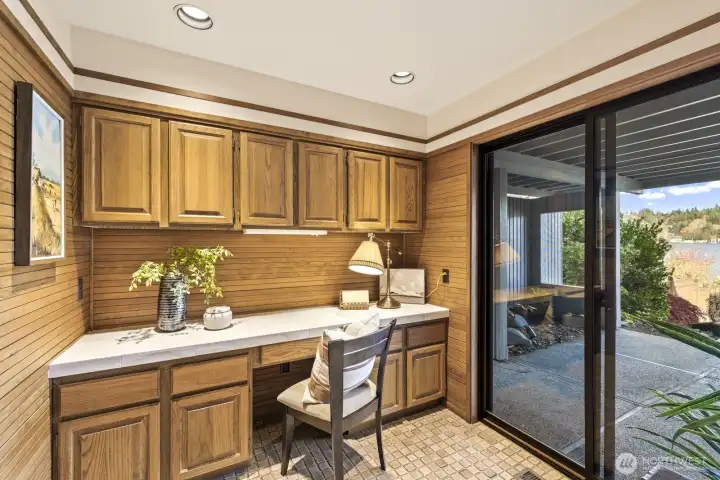 Built in desk off covered lakeside patio