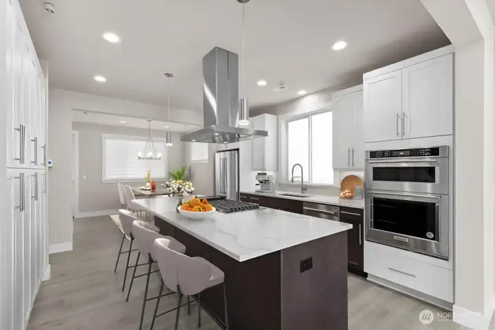 Virtual staging.  Thick slab quartz countertops, 5 burner gas range, two tone cabinetry with soft close cabinets and full height tile backsplash.
