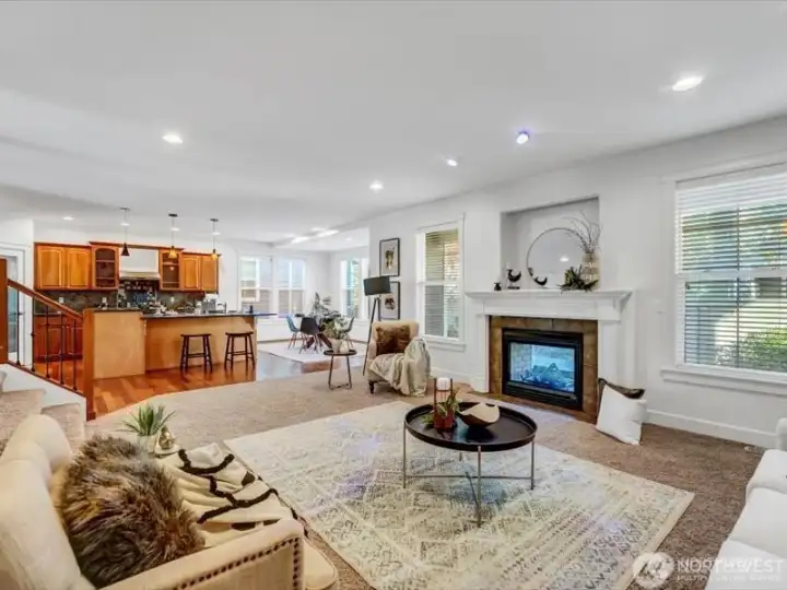Great Room looks into Kitchen. virtually staged.