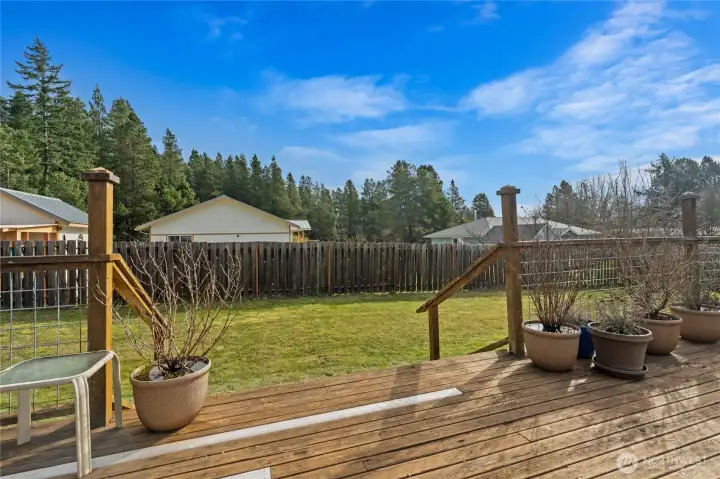 Partially fenced, level and open yard. Enough space for a garden. Partially fenced, level and open yard. Enough space for a garden.