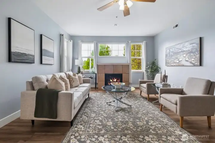 Comfortable living room warmed by gas fireplace