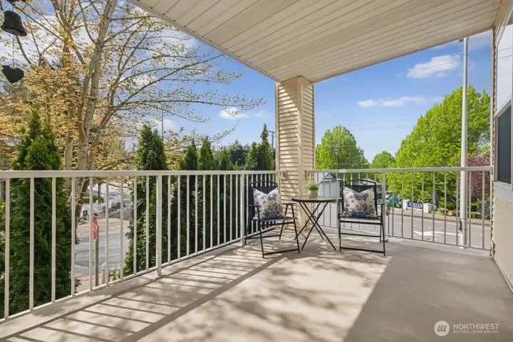 Covered outdoor deck for outdoor meals and gardening