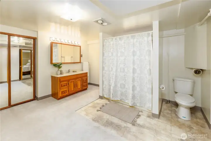 Expansive full bath in lower level is accessible from the bedroom.
