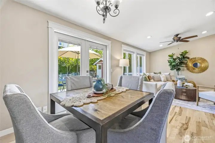 Dining area that leads out to a huge deck and mostly fenced backyard. Dining area that leads out to a huge deck and mostly fenced backyard.