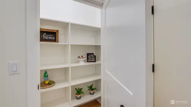 The pantry is indeed impressive, with its solid wood shelving and ample space to accommodate all your essentials.
