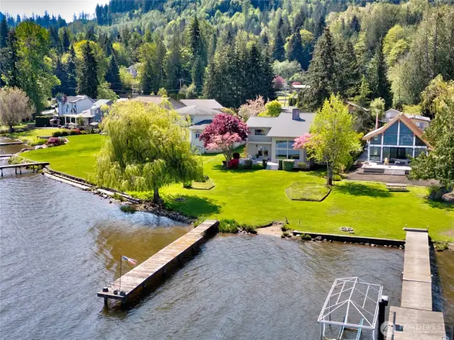 Approx 70' private dock with swim ladder. Room to park your boat or jet skis.