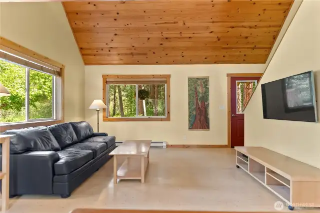 Vaulted wood ceilings with knotty pine trim