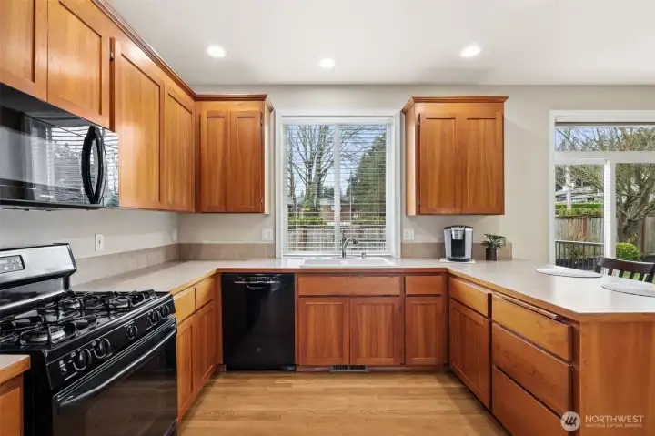 The kitchen features sleek black appliances, gas stove, and a view overlooking the backyard, making it both functional and inviting.