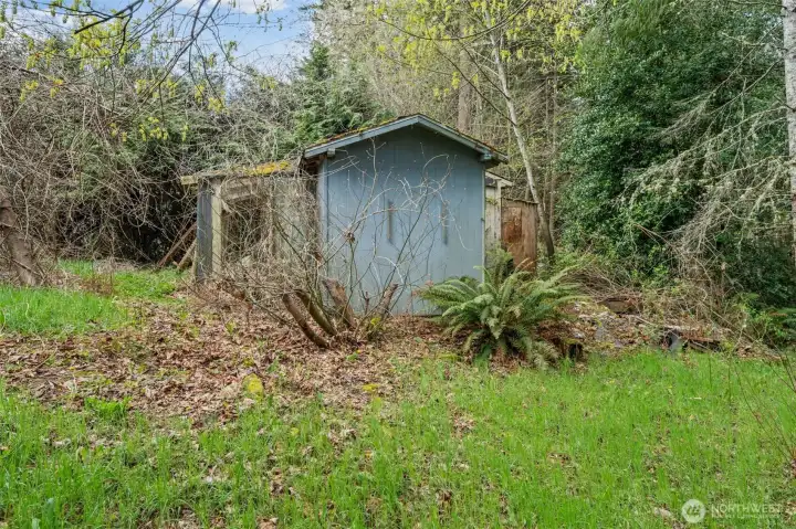 Detached well house set within a natural, wooded setting. Functional structure with potential for improvement or repurposing.