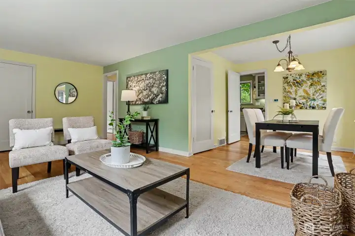 The living room flows effortlessly into the dining room.