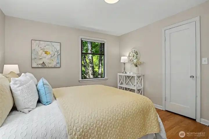 The second bedroom window looks out to the private backyard.