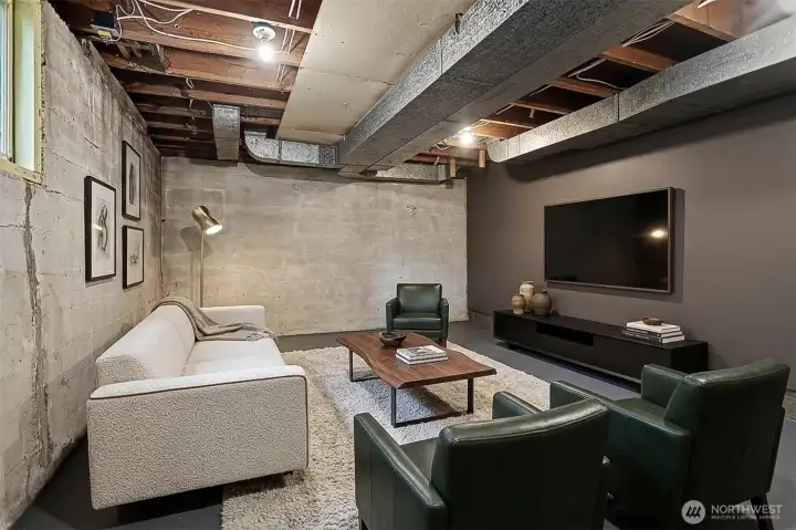 This is the unfinished lower level room with virtual staging to help you imagine how you might use it.