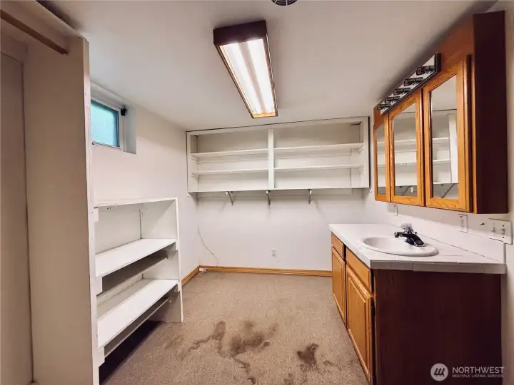 Basement bonus storage room with sink and vanity Basement bonus storage room with sink and vanity