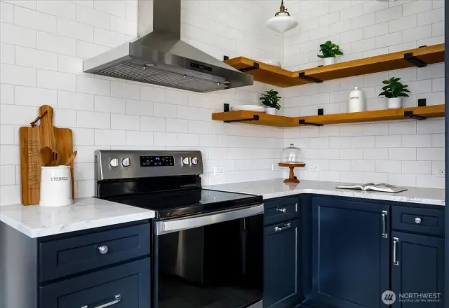 Open custom shelving with vintage lighting perfect for the corner