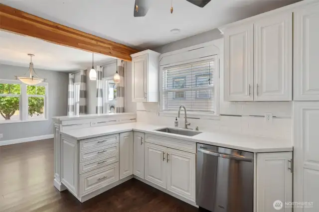Kitchen opened up with beam