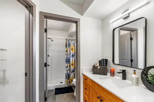 Vanity and separate area for shower and toilet.
