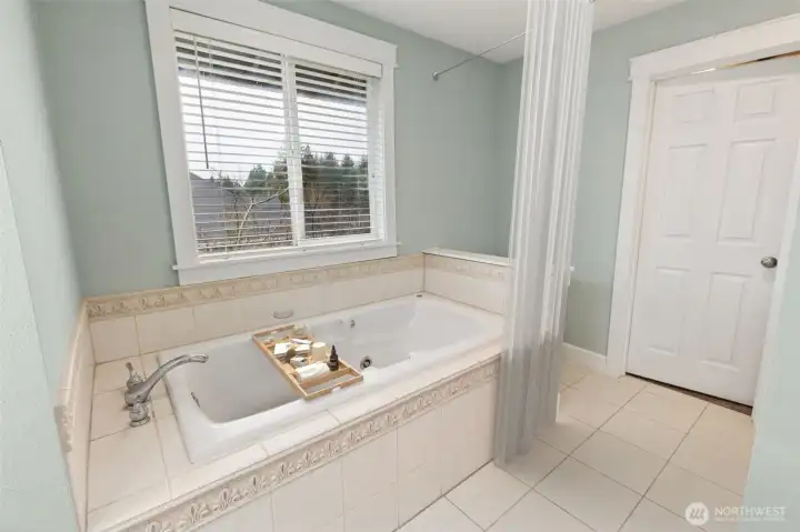 The primary en suite bathroom features a jetted tub with a brand new motor which is part of this 5 piece suite. Large window above the tub opens for fresh air ventilation and has wide slat blinds to customize your privacy and light levels. There is also a 10’x8’ walk in closet on the other side of that door, for easy access.