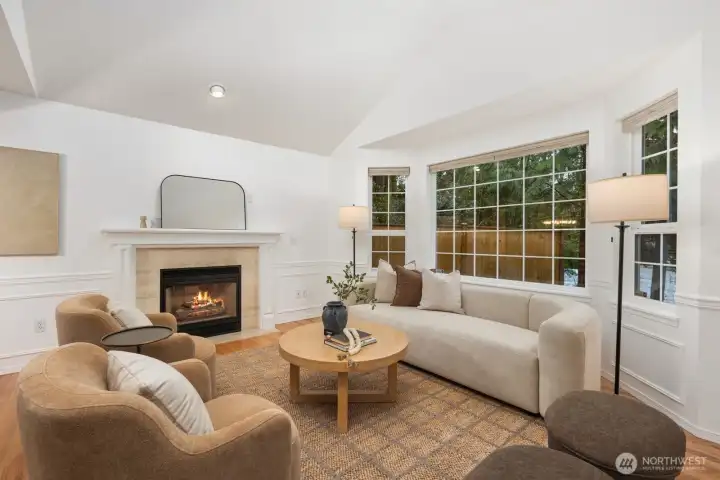 Gas fireplace and bay window for that cozy feel