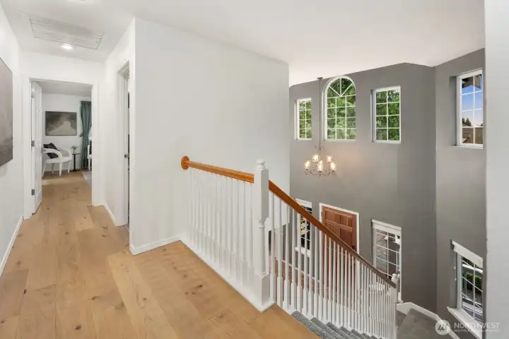 Oak wood flooring throughout the second floor