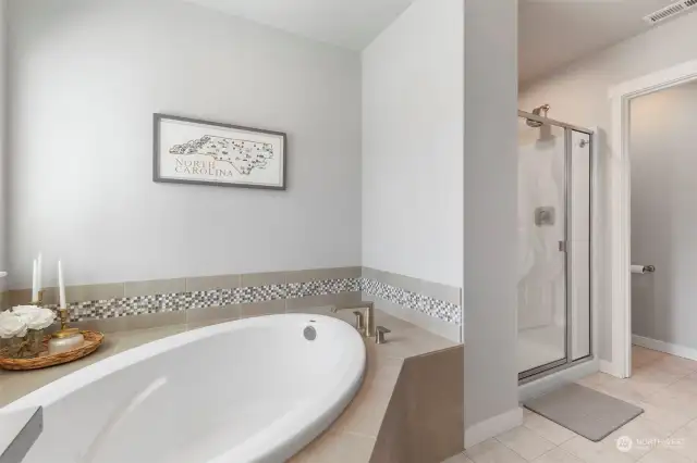 Large garden tub sits next to your separate shower.