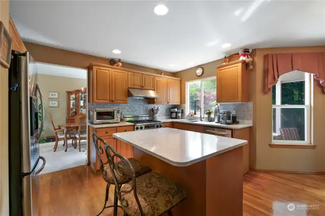Kitchen with quartz counter tops, full backsplash, stainless steel appliances & a walk-in panty.