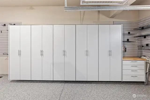 Garage cabinetry fits all the tools and storage items that one would need.