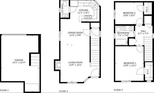 example of floor plan.  Top floor is two bedrooms, main bathroom and utility room.  Main floor is living room, dining room and kitchen as well as street level front entry.  Bottom level is full size garage and storage below street level for off street and secure parking.  Interior stairway to main floor living