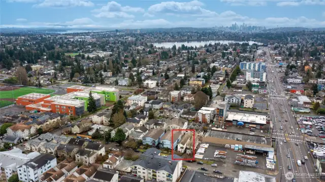 Overview of great location.  This view looks south towards Lake Union and Seattle skyline.  Townhome for sale highlighted in red