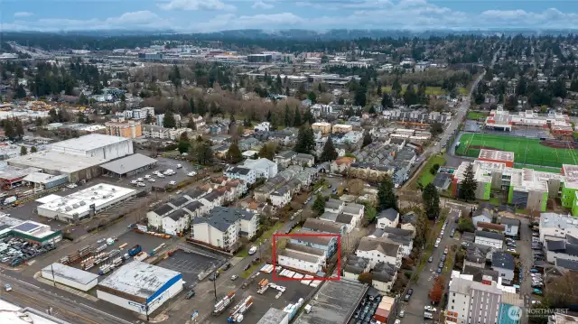 looking east towards the Cascade mountains in the distance.  Licton Springs elementary school to the right, North Seattle college and Northgate upper left of photo view