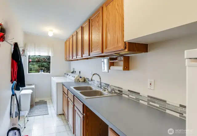 Large laundry room with double utility sinks and lots of cabinetry.