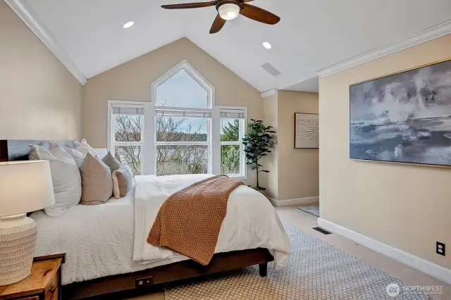 Primary bedroom with views of Lake Sammamish