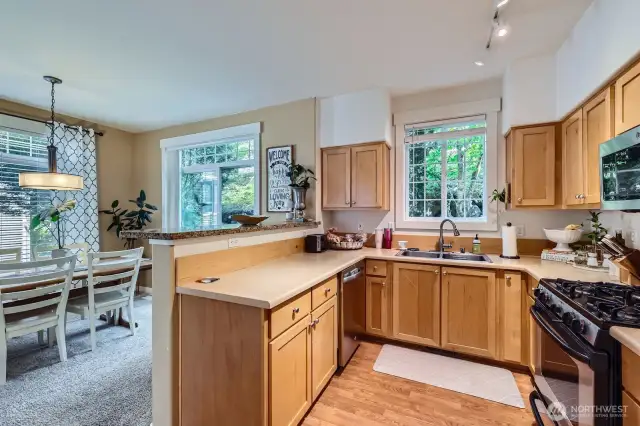 Light, bright kitchen w/beautiful natural views from windows.